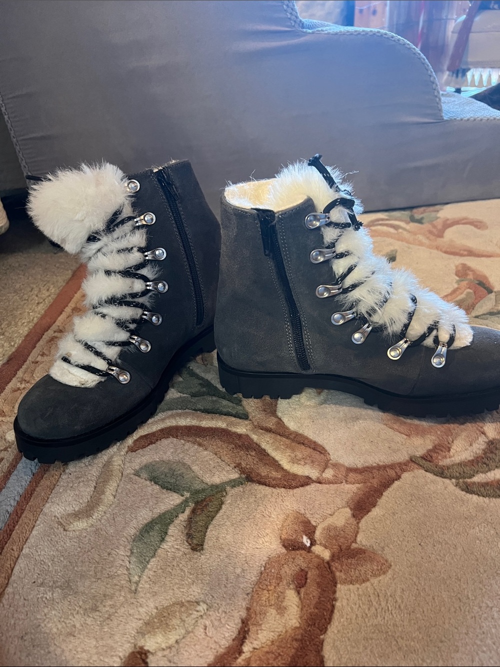 BearPaw Women’s Gray Suede Faux-Fur Lace-Up Winter Boots with Cream Fur Trim